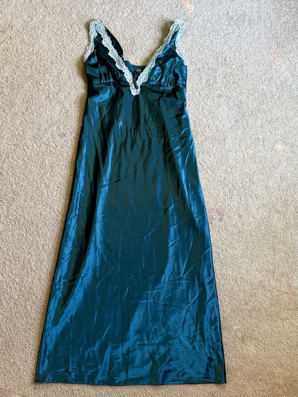 wild fable Teal Satin Chemise with White Lace Trim